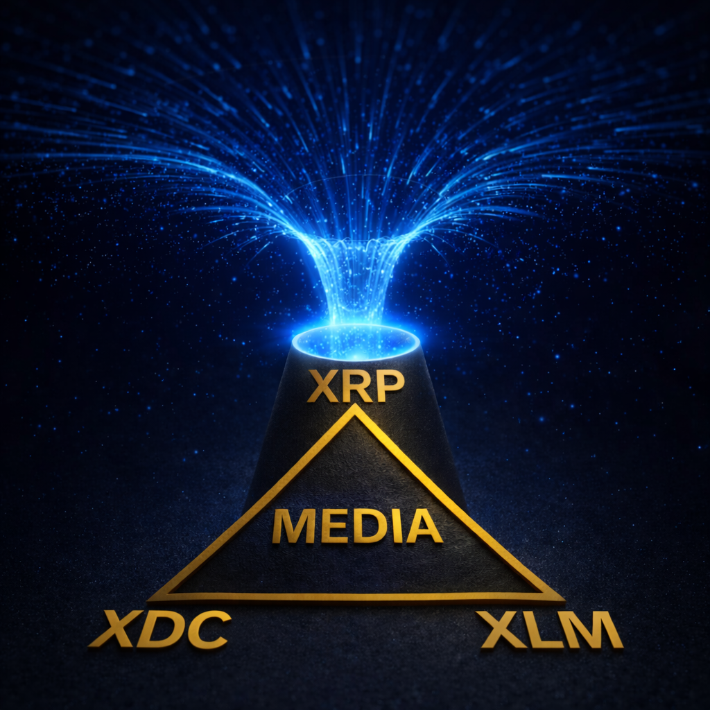 Blue black hole portal collapsing into a gold XRP token at the top of a gold triangle, with XTC at the bottom left, XLM at the bottom right, and the word “MEDIA” in gold at the triangle’s center.